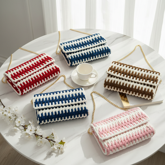 Four Handmade Striped Yarn Bags in Red, Blue, Brown, and Pink