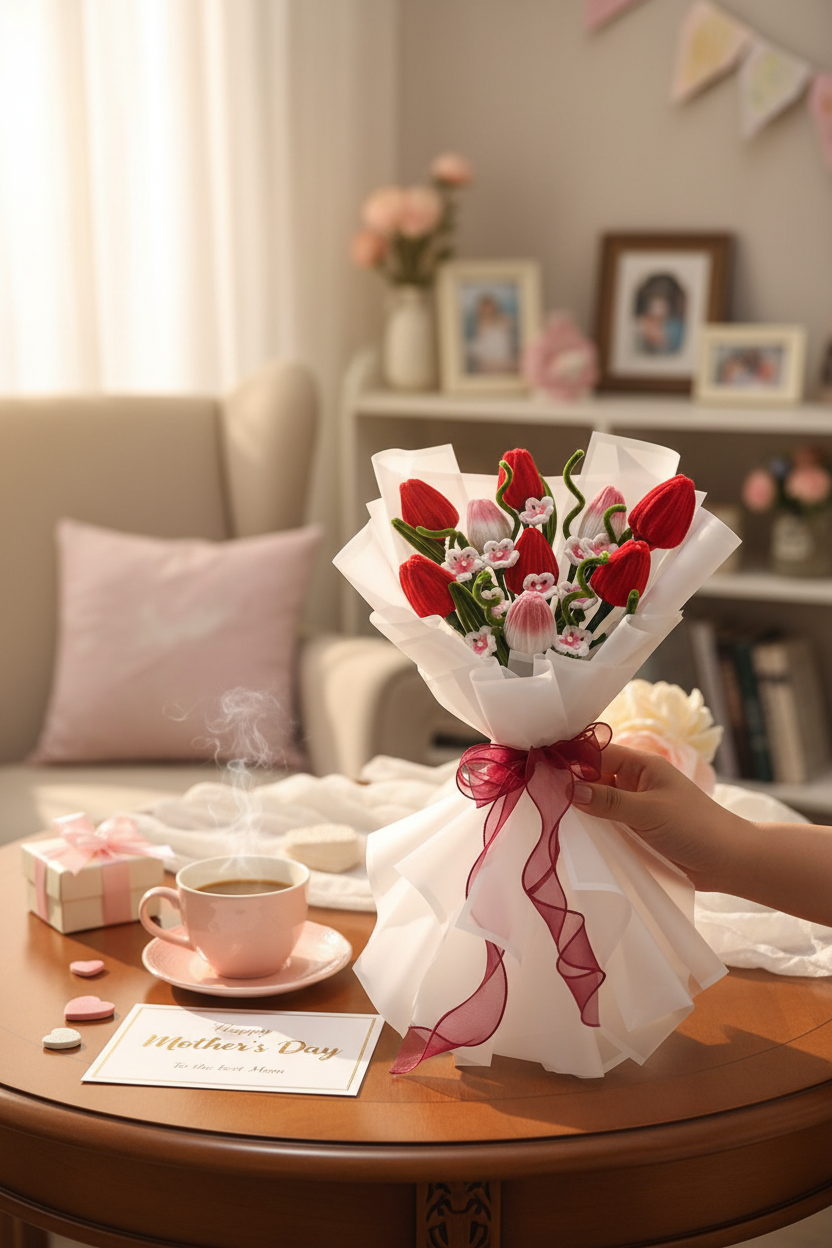 Handmade fuzzy wire flower bouquet in Mother's Day setting