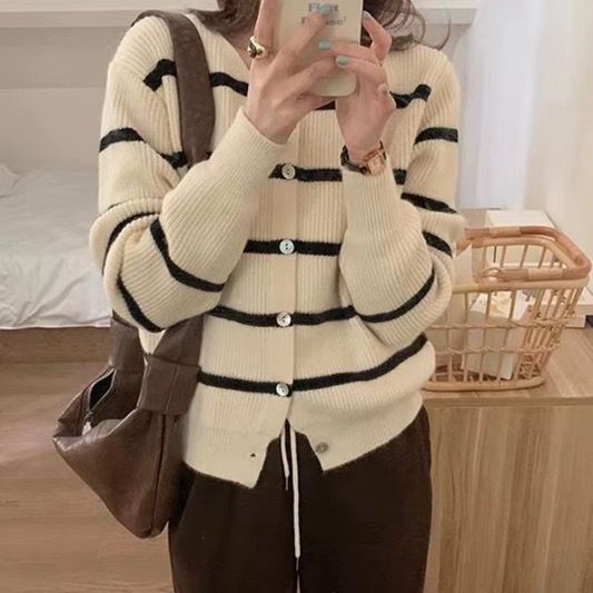 كارديجان مخطط محبوك بأكمام طويلة للنساء