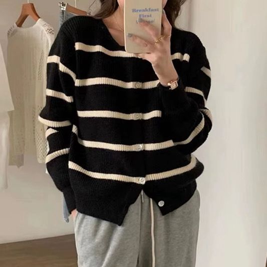 كارديجان مخطط محبوك بأكمام طويلة للنساء