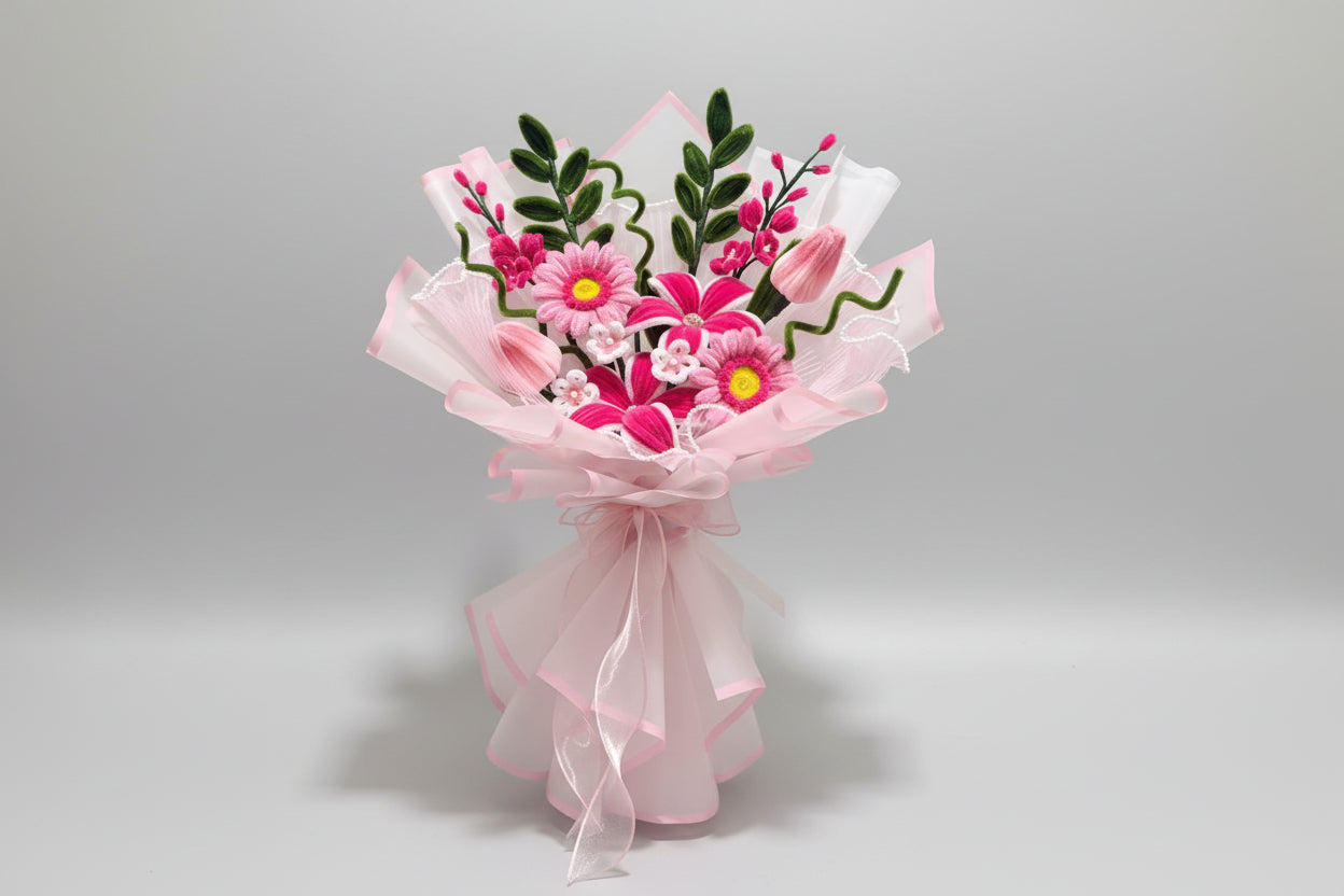 Handmade Fuzzy Wire Flower Bouquet - Pink & Hot Pink Blooms