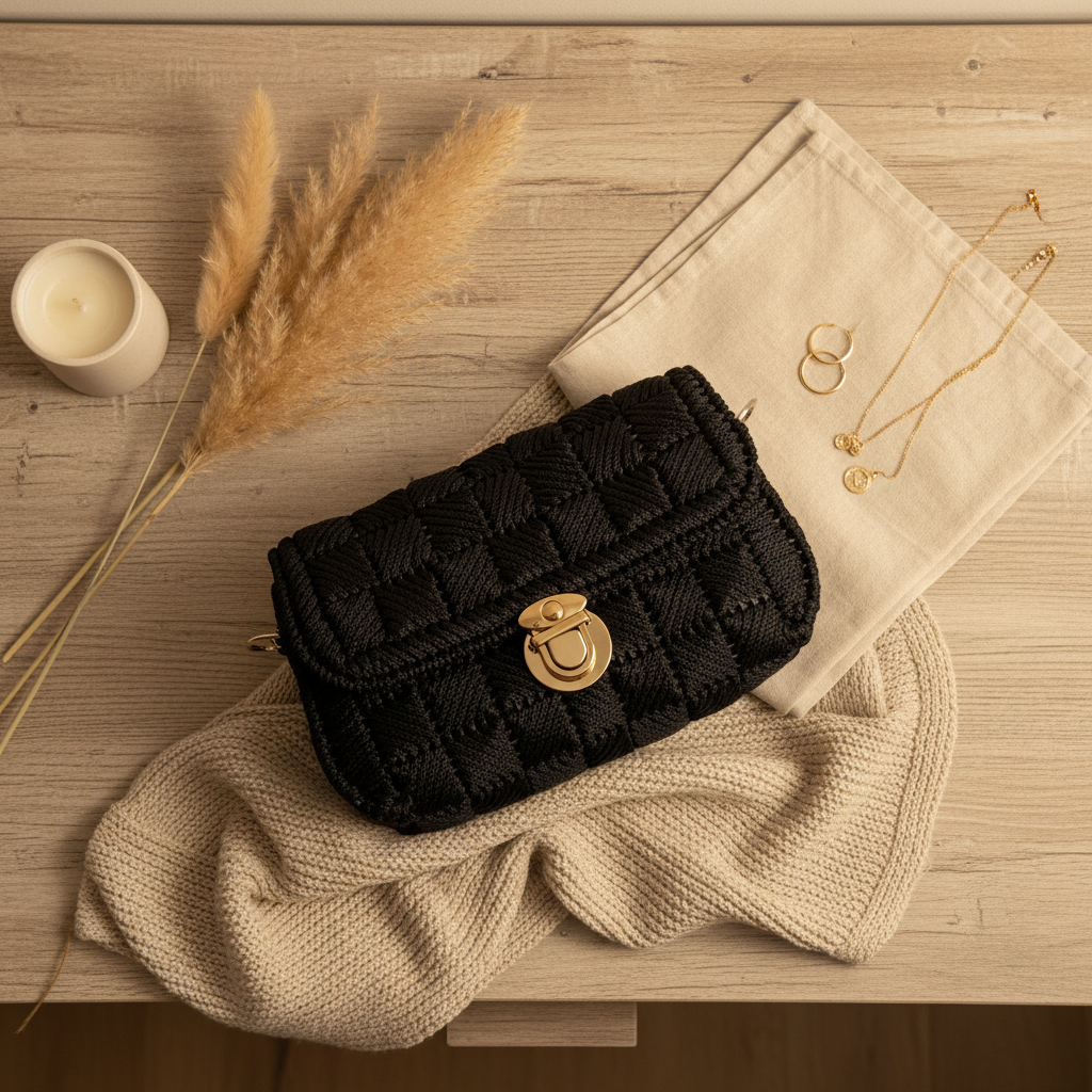 Aesthetic Black Yarn Sling Bag Setup