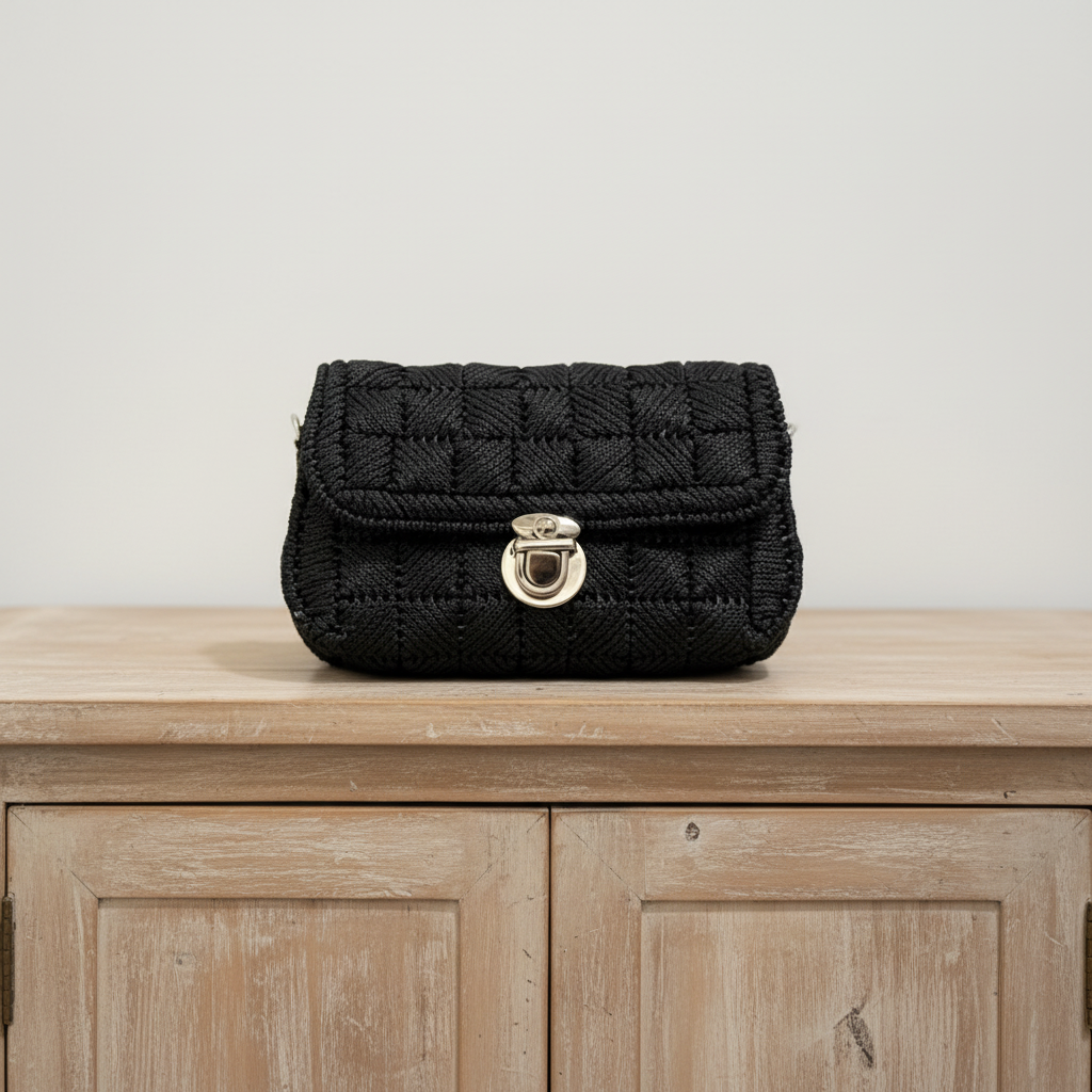 Black Yarn Sling Bag on Cabinet