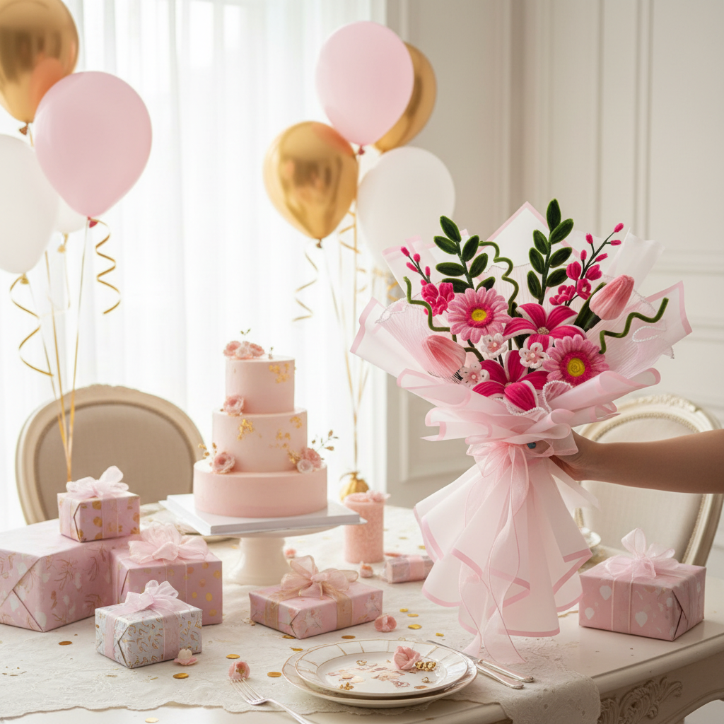 Handmade fuzzy wire flower bouquet at birthday celebration