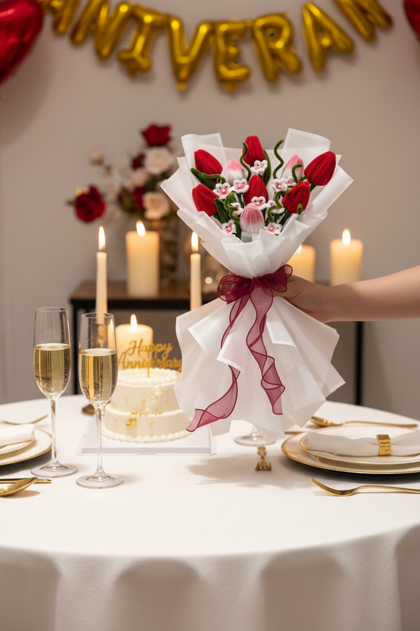 Handmade fuzzy wire flower bouquet in anniversary celebration setting