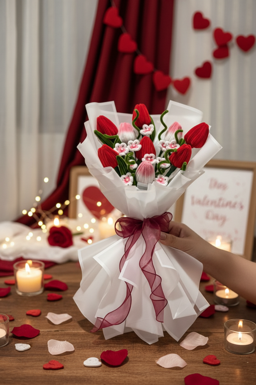 Handmade fuzzy wire flower bouquet in Valentine's Day setting