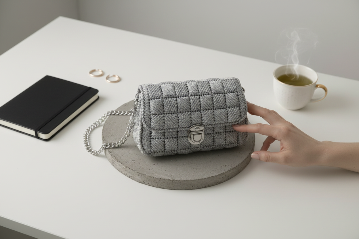 Handmade Solid Yarn Sling Bag in light silver - new design concept