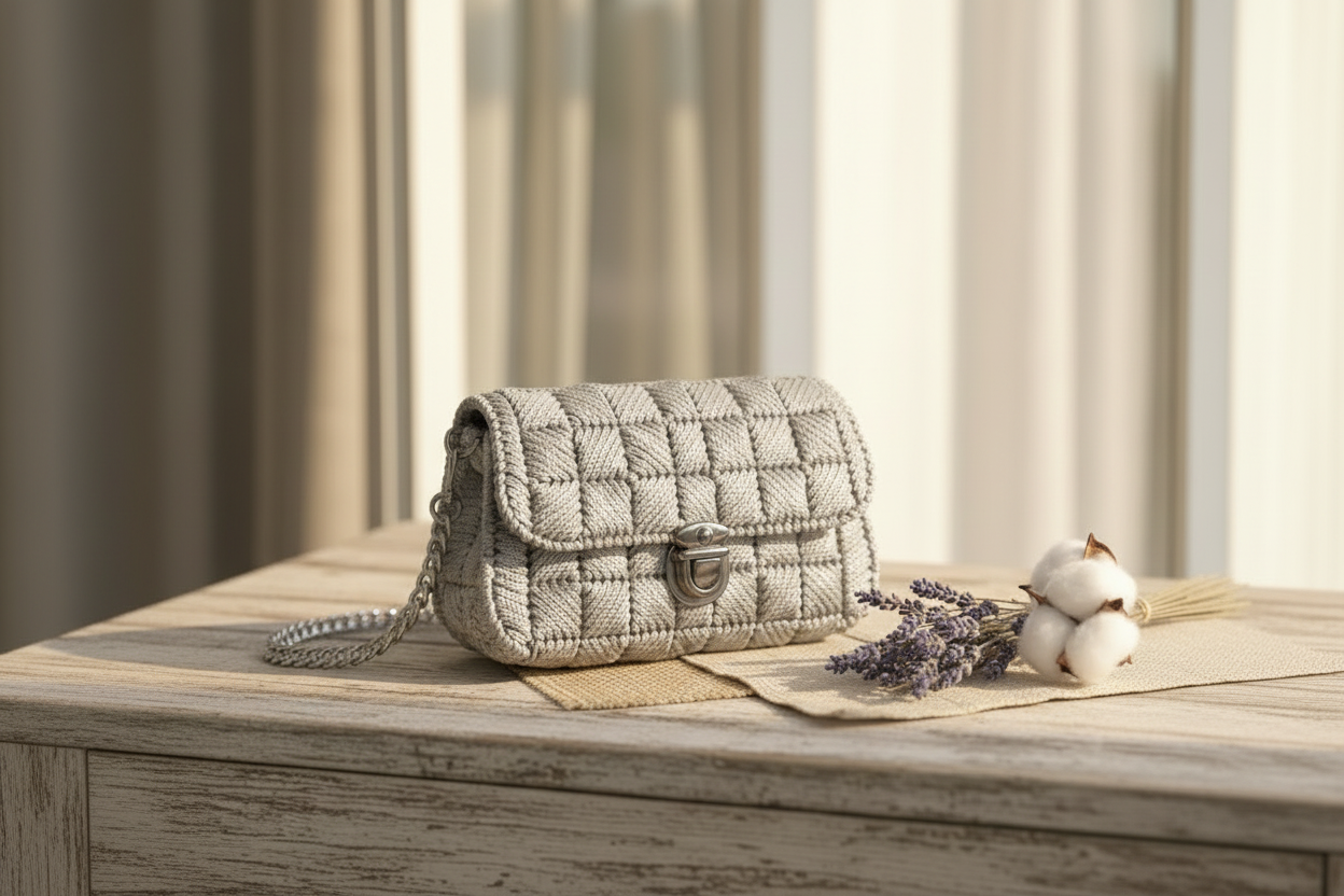 Handmade Solid Yarn Sling Bag in light silver