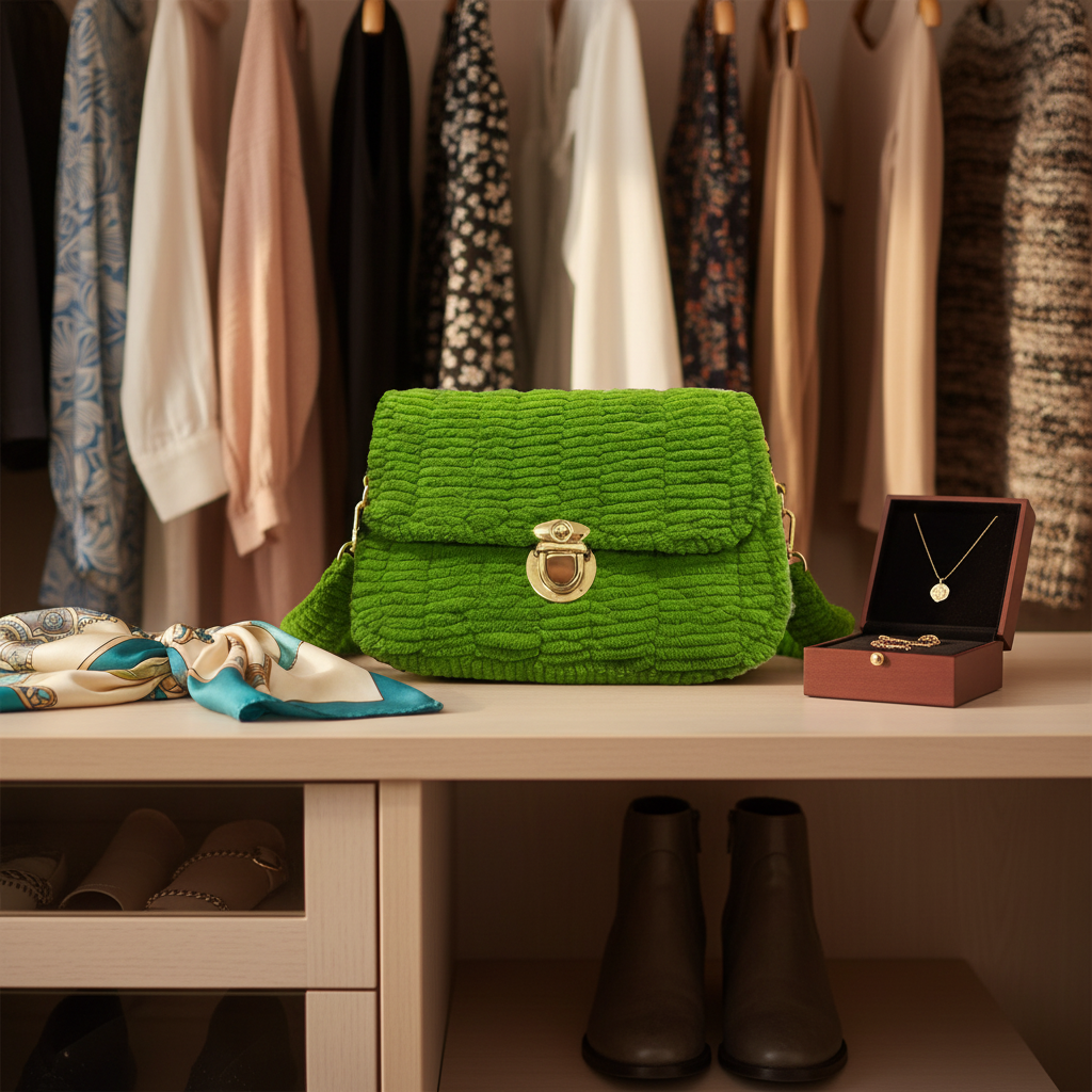 Lime Green Handmade Yarn Sling Bag in Stylish Closet Setting