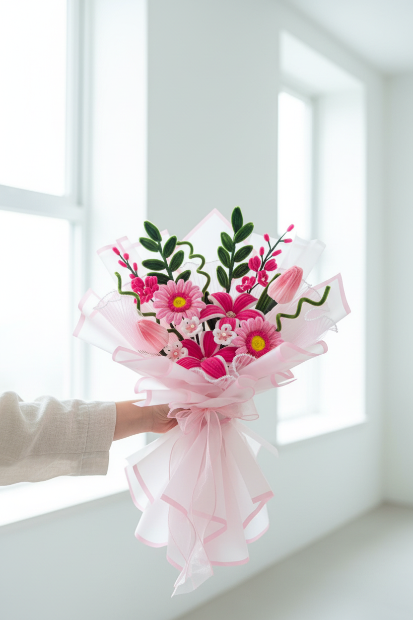 Person holding handmade fuzzy wire flower bouquet with bright natural lighting