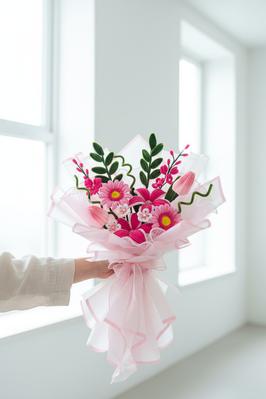 Person holding handmade fuzzy wire flower bouquet with bright natural lighting