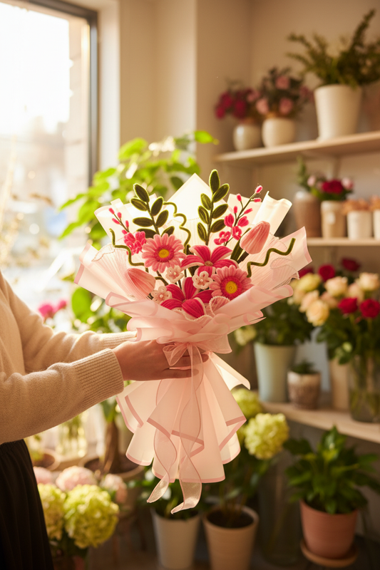 Person holding handmade yarn flower bouquet in flower shop