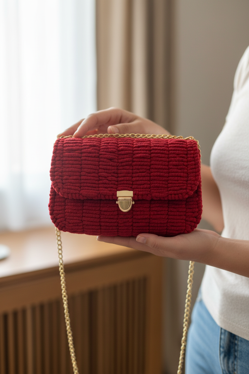 Person holding red sling bag closely