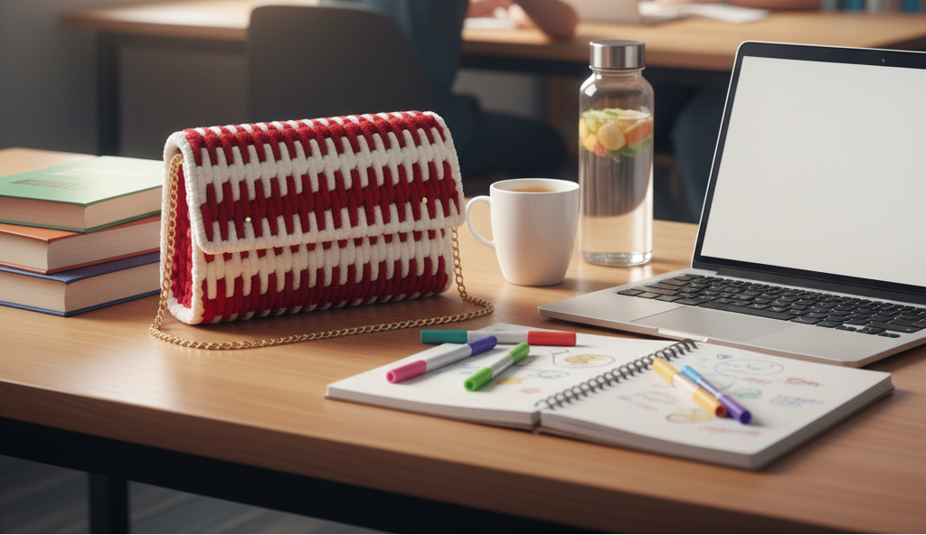 Red and White Striped Handmade Yarn Bag in School Setting