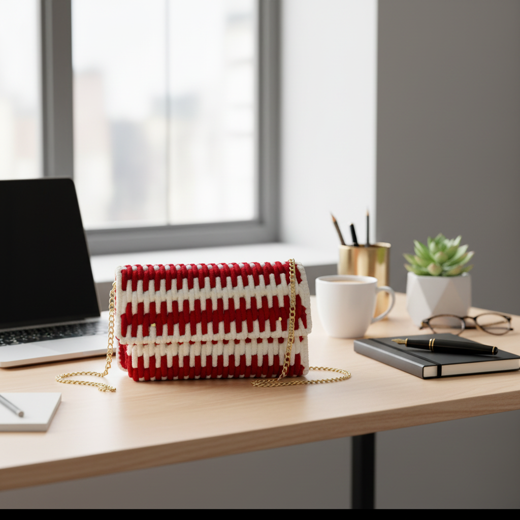 Red and White Striped Handmade Yarn Bag on Office Desk
