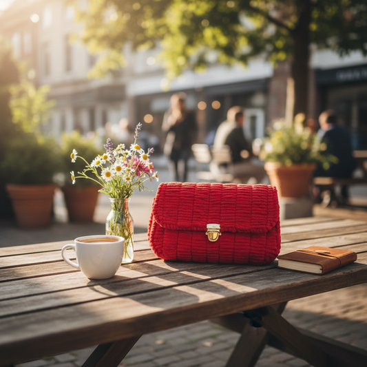Red Handmade Yarn Sling Bag in Casual Outdoor Setting