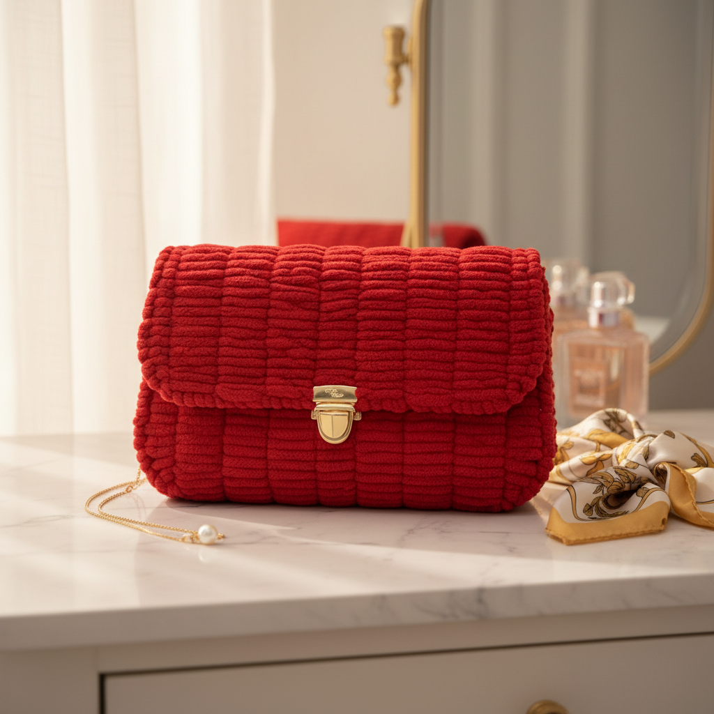 Red Handmade Yarn Sling Bag in Elegant Setting