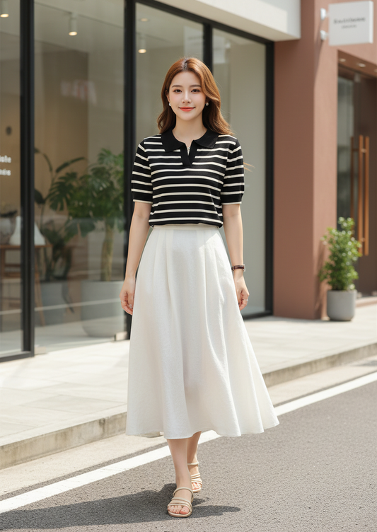 Striped Crop Shirt with Skirt and Sandals