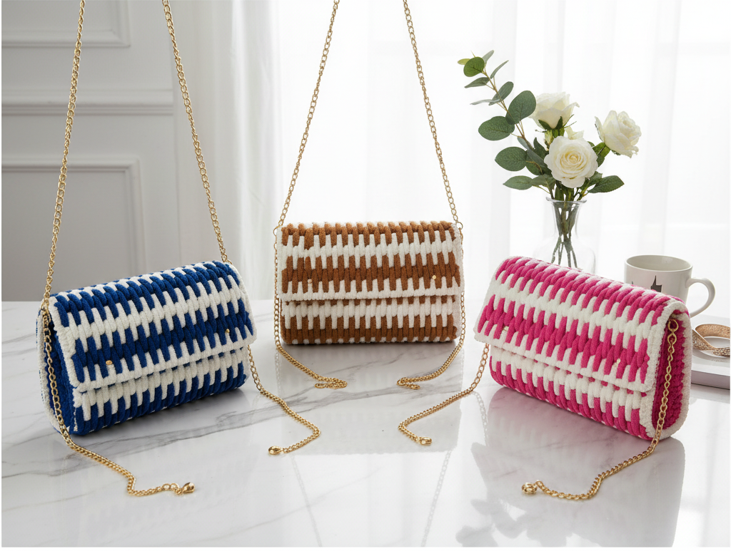 Three Handmade Striped Yarn Bags in Blue, Brown, and Pink