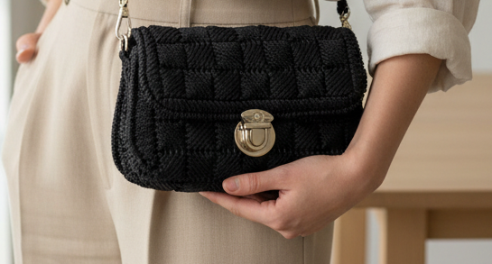 Woman Holding Black Yarn Sling Bag