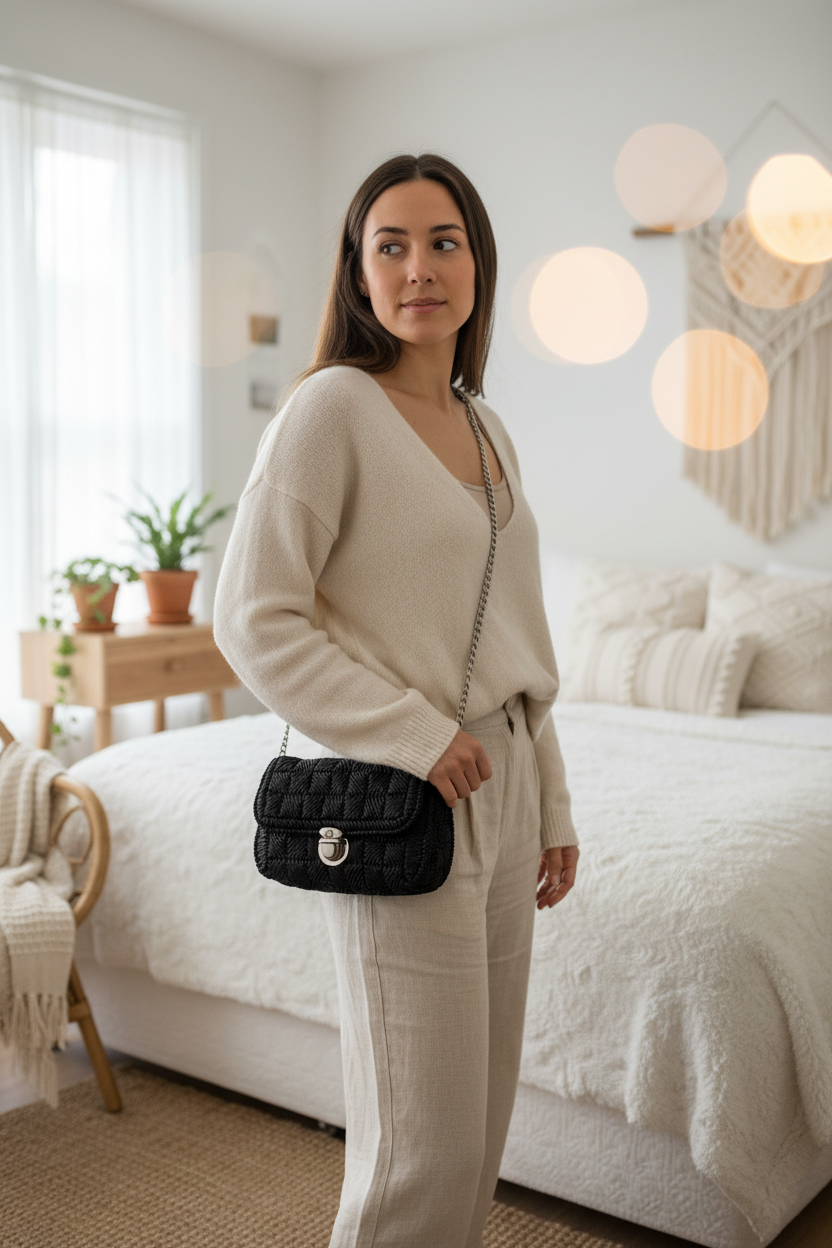 Woman Wearing Black Yarn Sling Bag with Silver Chain in Bedroom